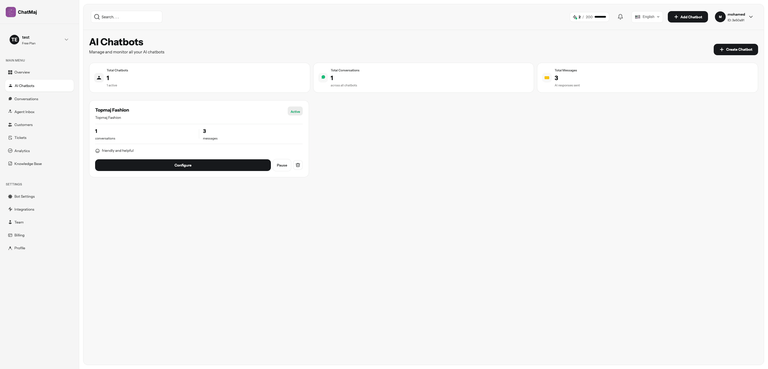 AI Chatbots page with chatbot, conversation, and message totals