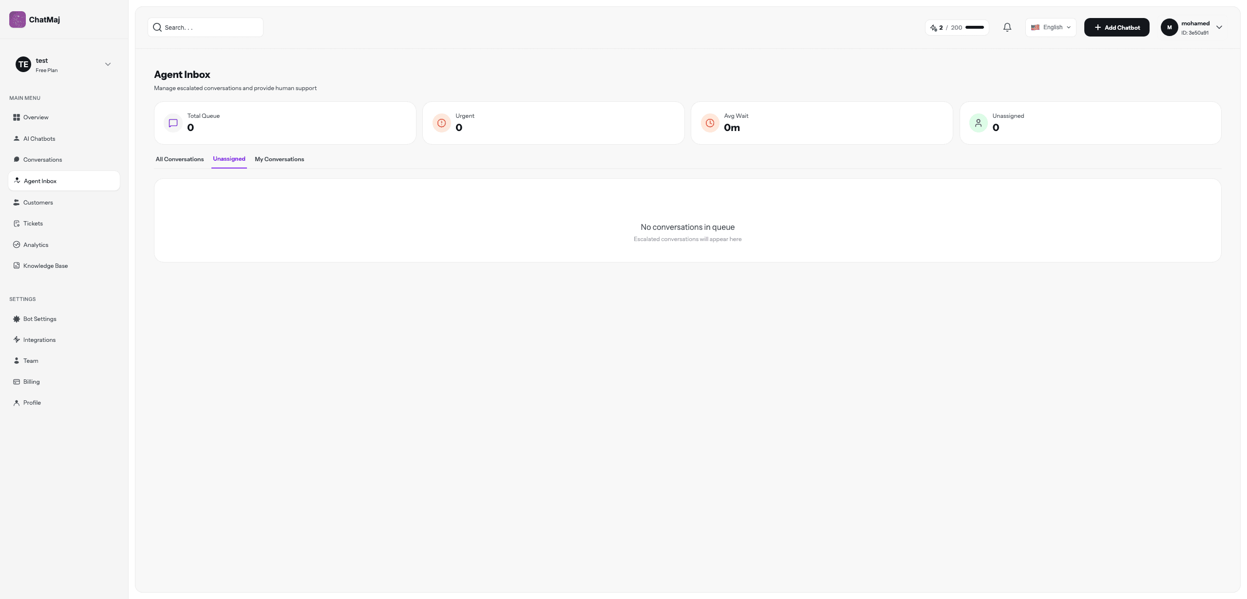 Agent Inbox showing the escalation queue with wait time and unassigned counts