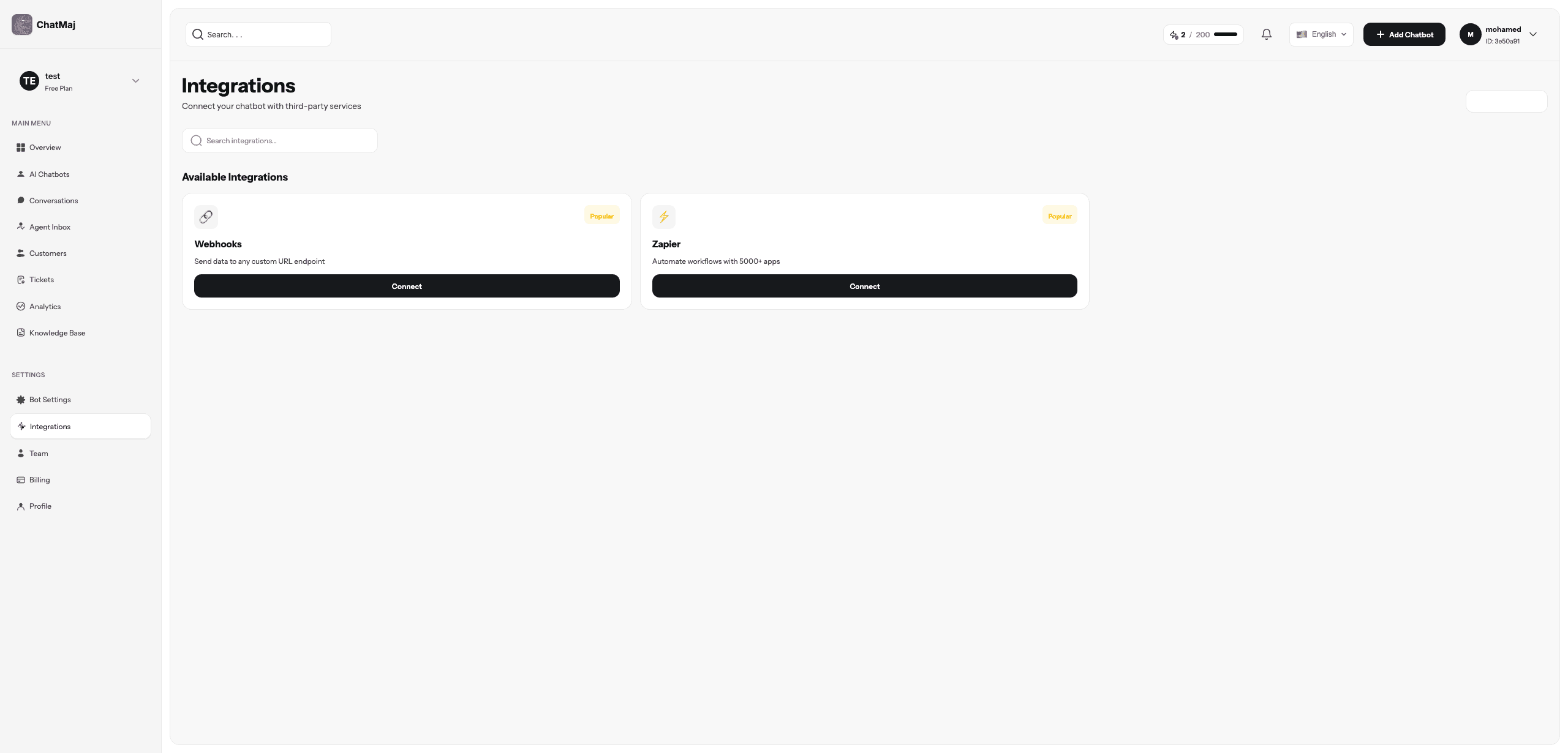 Integrations page offering Webhooks and Zapier connections