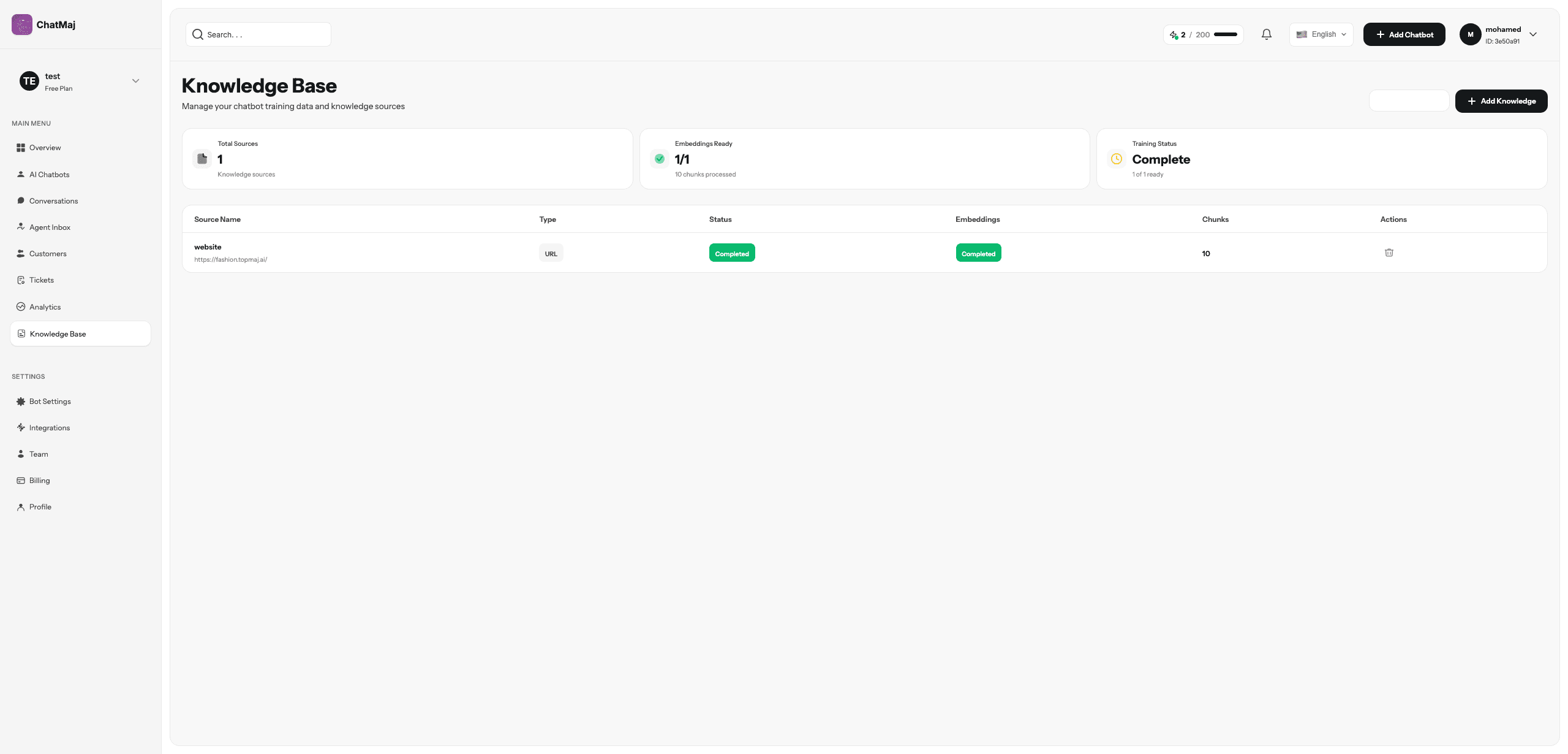 Knowledge Base page listing sources with embedding and training status