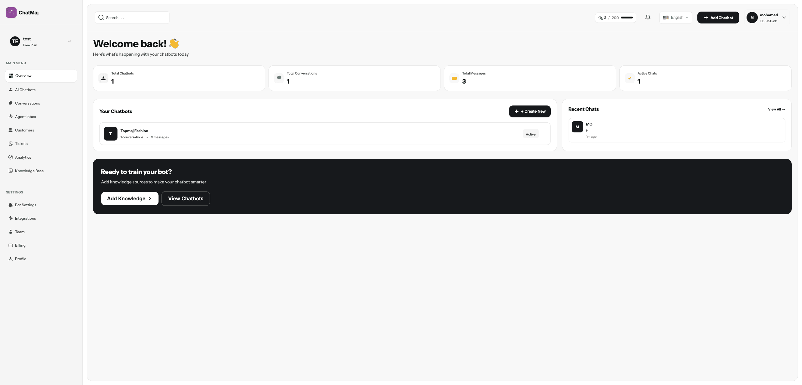 The ChatMaj dashboard showing chatbots, conversations, and recent chats